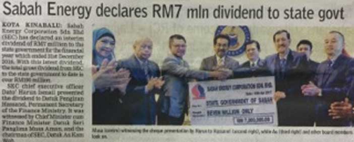 Sabah Energy declares RM7 million dividend to State Govt