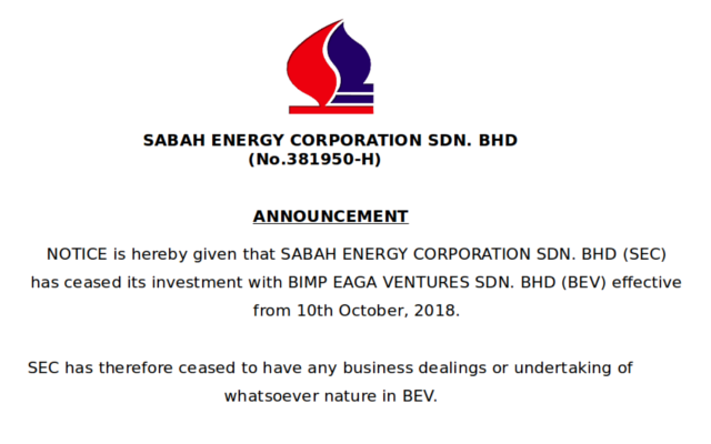 Notice of Cease of Investment with BIMP-EAGA Ventures Sdn. Bhd.